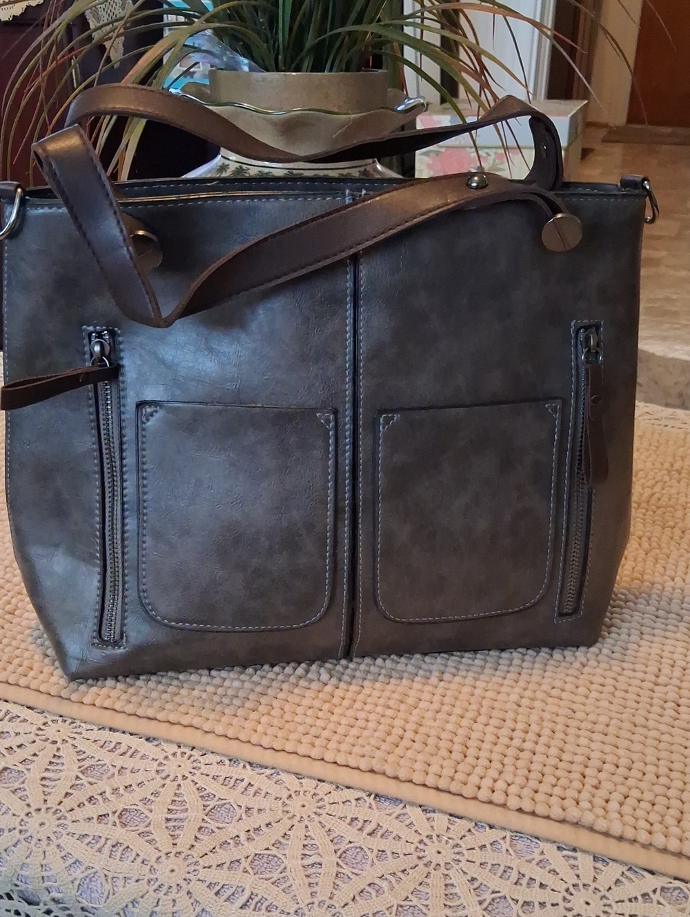 Professional Gray Faux-Leather Laptop Tote Bag with Dual Front Pockets